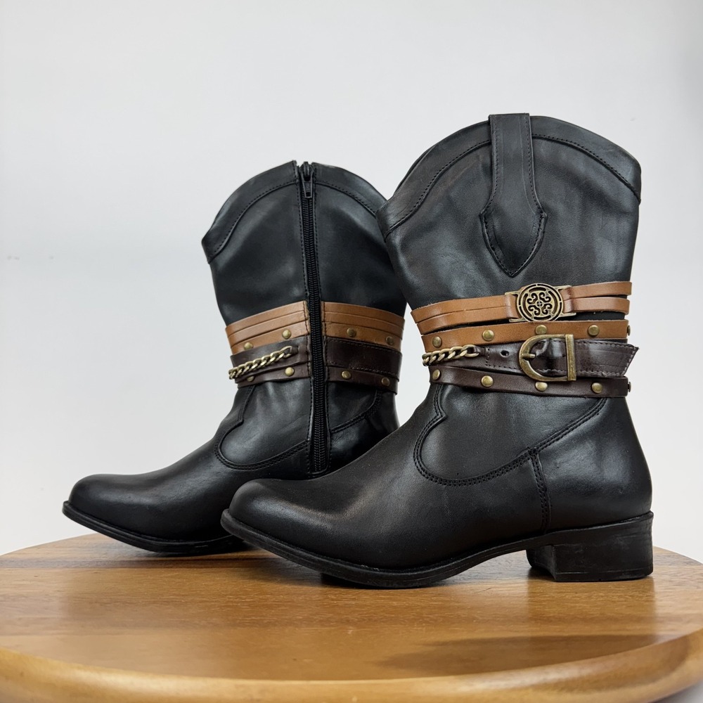 Womens Sandro Moscoloni Robin Belted Black Leather Cowboy Boots Size 5.5 M GUC‎ - Picture 2 of 8